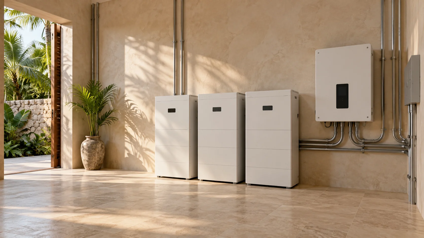 Escena ilustrativa de almacenamiento energético residencial en un interior contemporáneo