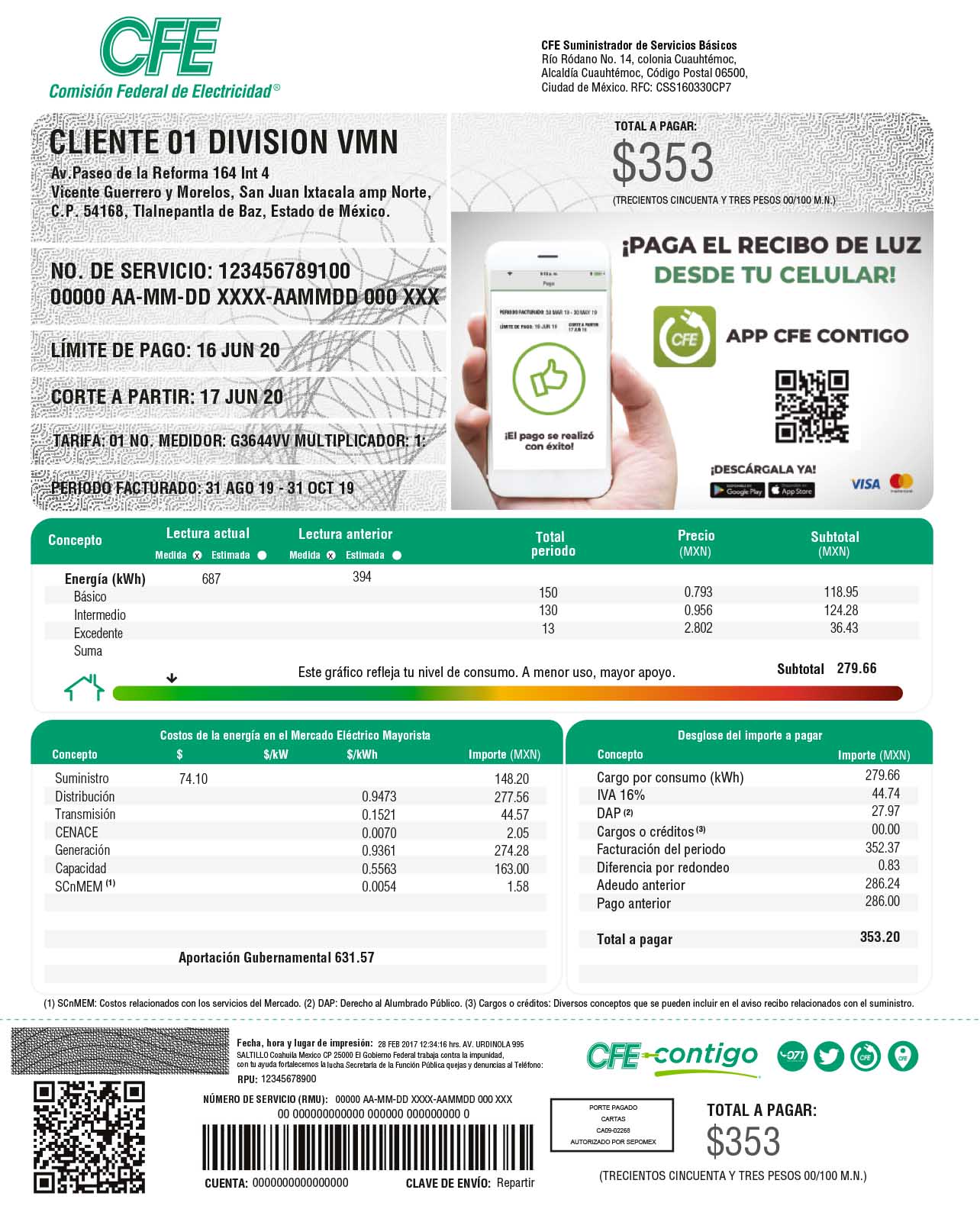 Detalle de las lecturas y bloques del recibo de ejemplo de CFE