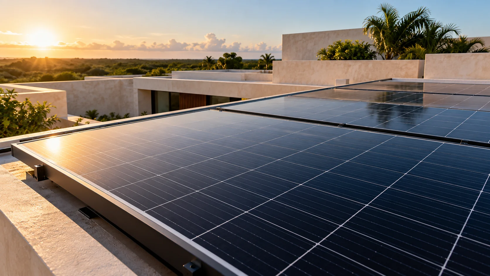 Detalle ilustrativo de módulos solares con luz cálida sobre sus celdas