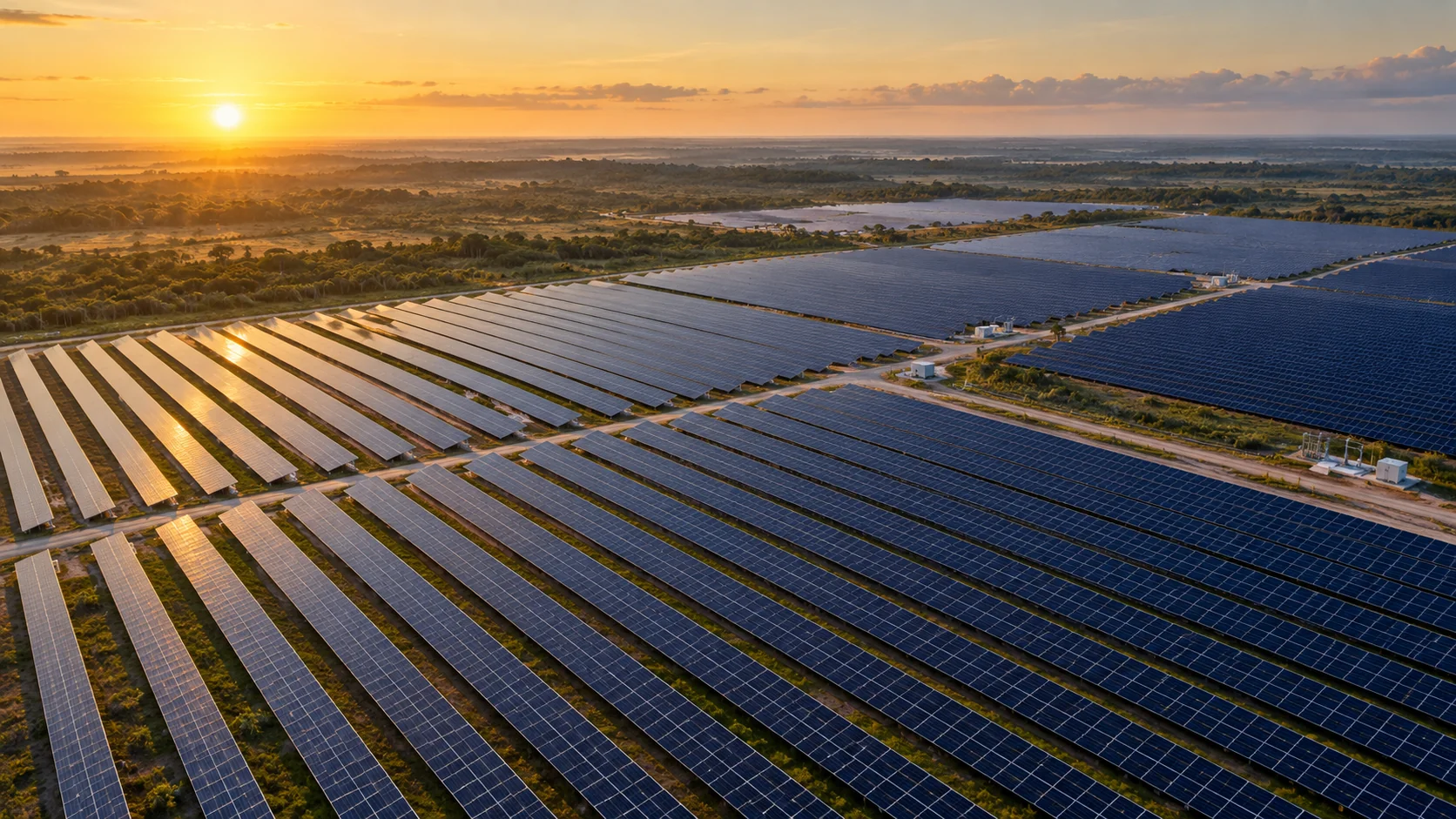 Vista aérea ilustrativa de una instalación solar entre vegetación tropical