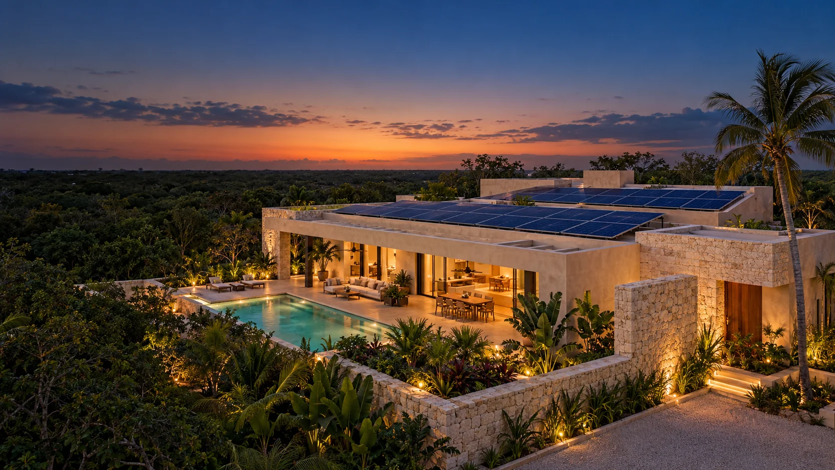 Visualización ilustrativa de una casa en Yucatán con paneles solares al atardecer